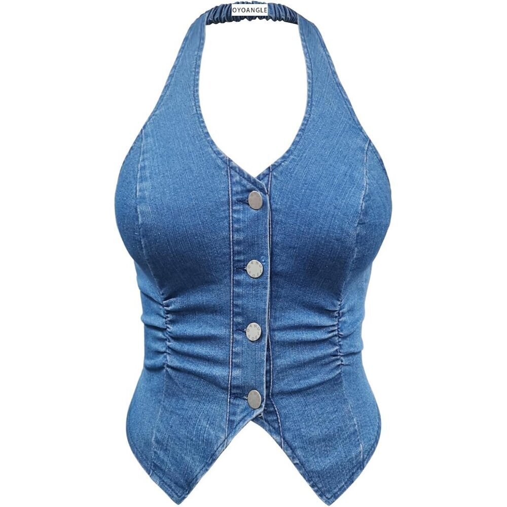 Plus Size Women's Denim Vest Top Sleeveless Button Front Halter Ruched
